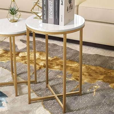 Marble Effect Round Coffee Table Sofa Side End Tray Bedside Table Metal Intended For Metal Legs And Oak Top Round Console Tables (View 2 of 20)