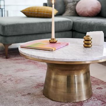Marble Topped Pedestal Coffee Table – White Marble/antique Brass | West Elm Regarding White Marble And Gold Console Tables (View 18 of 20)