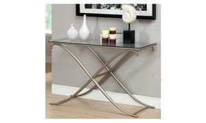 Mariella Glass Top Gold Tone Curved X Panel Entryway Table | Sofa Table With Glass And Gold Console Tables (View 18 of 20)