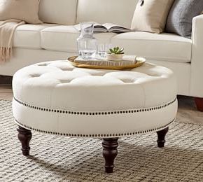 Martin Tufted Leather Ottoman In 2021 | Round Ottoman, Ottoman Decor Inside Gold And White Leather Round Ottomans (View 13 of 20)