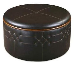 Masculine Dark Brown Round Storage Ottoman Wood Faux Leather Lodge In Black White Leather Pouf Ottomans (View 17 of 20)