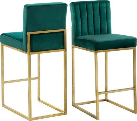 Meridian Giselle Green Velvet Fabric / Gold Base Bar Height Stool In Throughout Honeycomb Cream Velvet Fabric And Gold Metal Ottomans (View 6 of 20)