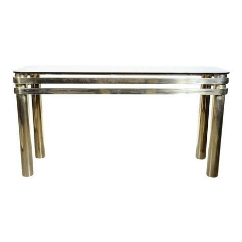 Mid Century Modern Banded Brass Console With Smoked Glass Top | Smoked Within Brass Smoked Glass Console Tables (Gallery 19 of 20)
