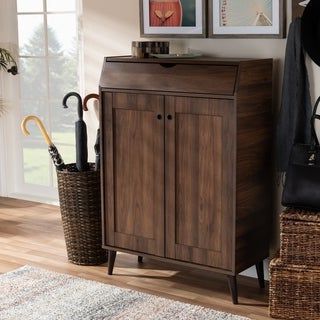 Mid Century Walnut Brown 2 Door Shoe Storage Cabinet | Shoe Storage Cabinet For Walnut Wood Storage Trunk Console Tables (View 4 of 20)