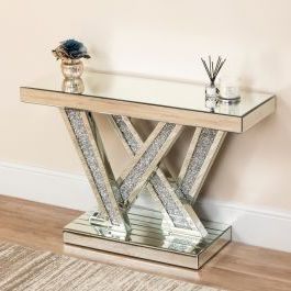 Mirrored Crushed Diamond Abstract X Console Table Abreo Home Furniture Pertaining To Glass And Gold Console Tables (View 7 of 20)