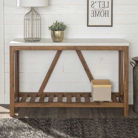 Modern Farmhouse White Faux Marble And Walnut Entryway Tablemanor Throughout Faux White Marble And Metal Console Tables (View 14 of 20)