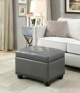 Modern Glam Gray Tufted Storage Ottoman Footstool Nailheads Faux Throughout Silver Faux Leather Ottomans With Pull Tab (View 13 of 20)