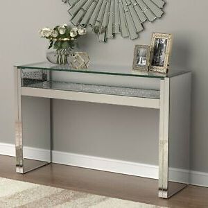 Modern Glam Mirrored Entryway Console Table Acrylic Sparkle Inlay & Led Regarding Mirrored And Silver Console Tables (View 6 of 20)