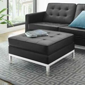 Modern Tufted Button Black Leather Ottoman Lounge Guest Chair With Intended For Black Leather And Bronze Steel Tufted Ottomans (View 18 of 20)