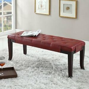Modern Upholstered Bench Red Leather Tufted Extra Seat Ottoman Curved With Stone Wool With Wooden Legs Ottomans (View 17 of 20)