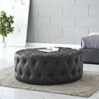 Modway Amour Black Vinyl And Wood Round Ottoman | Round Ottoman, Black With Round Black Tasseled Ottomans (Gallery 20 of 20)