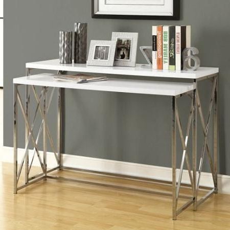 Monarch Console Table 2pcs / Glossy White With Chrome Metal – Walmart With Gloss White Steel Console Tables (View 2 of 20)