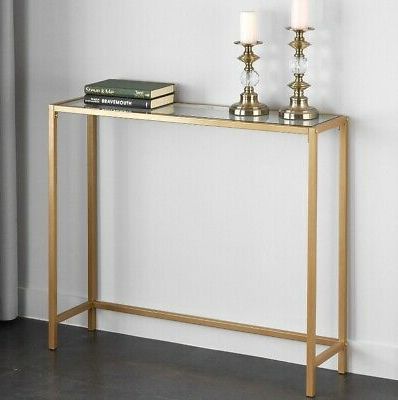 Narrow Console Table Gold Slim Small Glass Top Glam Modern Metal Sofa For Antique Brass Aluminum Round Console Tables (View 5 of 20)