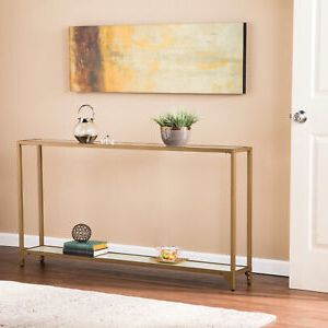 Narrow Thin Gold Console Table Metal & Glass W/shelf Sturdy & Sleek, 56 Within Gold Console Tables (View 3 of 20)