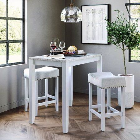 Nathan James Viktor Three – Piece Dining Set Kitchen Pub Table Marble With Gray And White Fabric Ottomans With Wooden Base (View 14 of 20)