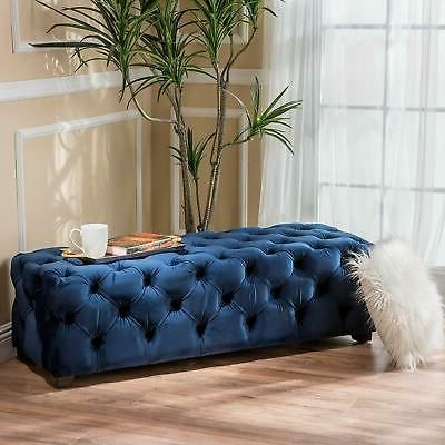 Navy Blue Velvet Tufted Fabric Bench Padded Ottoman Wood Seat Glam Chic Within Light Gray Velvet Fabric Accent Ottomans (View 14 of 20)
