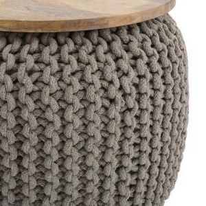 Noble House Elbridge Boho Beige Knitted Cotton Ottoman With Mango Wood Pertaining To Cream Cotton Knitted Pouf Ottomans (View 13 of 20)