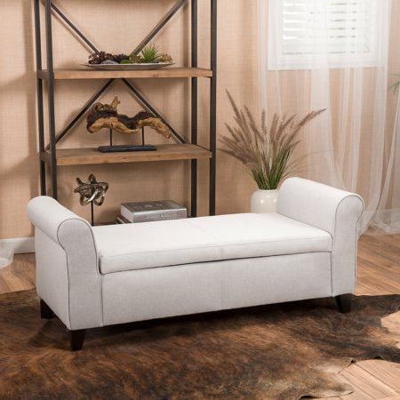 Noble House Haden Armed Light Gray Fabric Storage Bench Ottoman Regarding Navy And Light Gray Woven Pouf Ottomans (View 14 of 20)