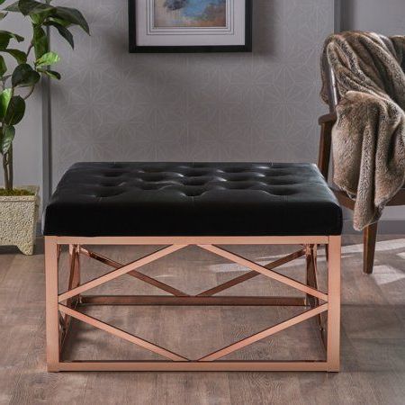 Noble House Modern Glam Tufted Velvet Ottoman With Rose Gold Steel Intended For Black Leather And Bronze Steel Tufted Ottomans (Gallery 19 of 20)