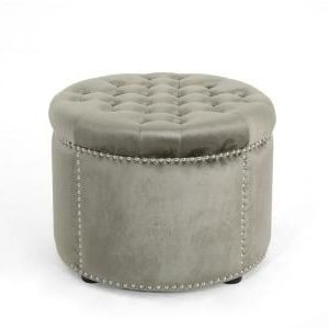 Noble House Tiernan Glam Round Tufted Gray Velvet Ottoman With Stud Pertaining To Light Gray Fabric Tufted Round Storage Ottomans (View 17 of 20)