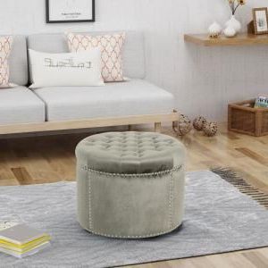 Noble House Tiernan Glam Round Tufted Gray Velvet Ottoman With Stud Within Gray Velvet Oval Ottomans (View 14 of 20)