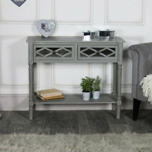 Ornate Grey Mirror Front 2 Drawer Console Table Living Room Hallway Within Gray And Black Console Tables (View 13 of 20)