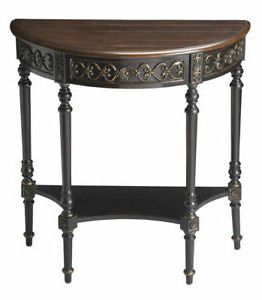 Ornately Detailed 30" Black Demilune Console Table With Chestnut Plank Regarding Black Round Glass Top Console Tables (View 18 of 20)