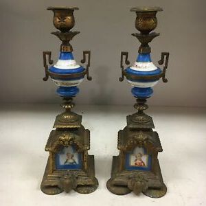 Pair Antique French Brass & Sevres Porcelain Candle Holders Blue Gold For Antique Blue Gold Console Tables (View 6 of 20)