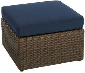Patio Ottoman All Weather Wicker Outdoor With Navy Cushion And Uv Intended For Woven Pouf Ottomans (View 13 of 20)