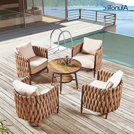 Pe Rattan Wicker Weaving Sling Rope Sofa Set Outdoor Garden Furniture With Regard To Wicker Console Tables (View 4 of 18)