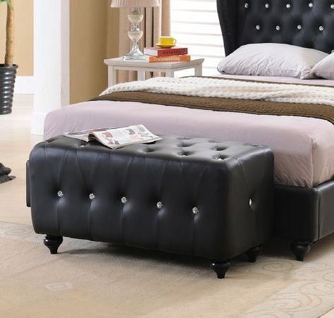 Pilaster Designs – Faux Leather Tufted Design Black Upholstered Bench For Black Faux Leather Ottomans With Pull Tab (View 13 of 20)