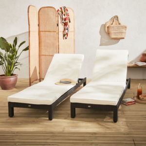 Pisa Set Of 2x Sun Loungers In Aluminium And Wicker | Black/off White Regarding Black And Off White Rattan Ottomans (View 18 of 20)