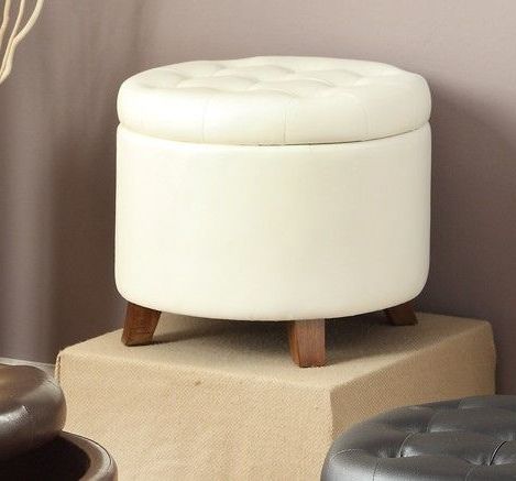 Poundex F7062 White Faux Leather Upholstered Round Storage Ottoman With Intended For Black Faux Leather Column Tufted Ottomans (Gallery 20 of 20)