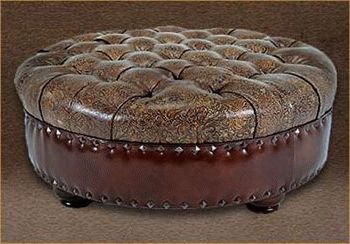 Prestonwood Round Tufted Genuine Leather Ottoman With Brown Leather Round Pouf Ottomans (View 2 of 20)