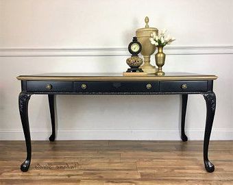 Queen Anne Writing Desk Hand Painted Black With Gold Accents, 3 Drawers Intended For Antique White Black Console Tables (View 17 of 20)