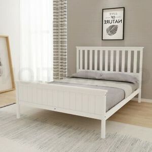 Queen Size Wooden Bed Frame Pine Platform Mattress Base W/headboard For Gray And White Fabric Ottomans With Wooden Base (View 4 of 20)