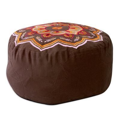 Rajasthan Embroidery On Cotton Ottoman Cover, 'balodra Exuberance Within Beige Cotton Pouf Ottomans (View 16 of 20)