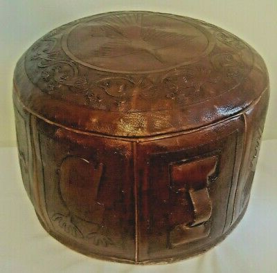 Rare Vintage Brown Tooled Saddle Leather Peruvian Ottoman With Handle With Brown And Ivory Leather Hide Round Ottomans (View 15 of 20)