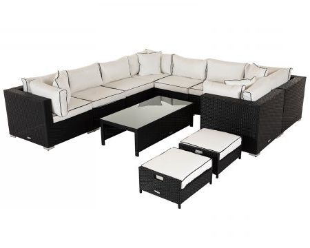 Rattan Garden Corner Sofa Set In Black & White – Sofa + Footstools In Black And Tan Rattan Console Tables (View 12 of 20)