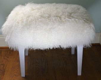 Real Natural Mongolian Lamb Fur Bench Acrylic Legs Tibet Lamb Pertaining To Stone Wool With Wooden Legs Ottomans (View 16 of 20)