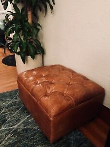 Restoration Hardware Churchill Leather Ottoman In Brompton Camel | Ebay Pertaining To Weathered Gold Leather Hide Pouf Ottomans (View 15 of 20)