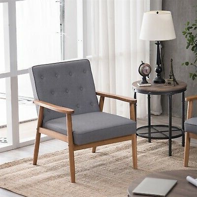 Retro Accent Fabric Chair Mid Century Wooden Arm Upholstered Lounge Throughout Satin Gray Wood Accent Stools (View 6 of 20)