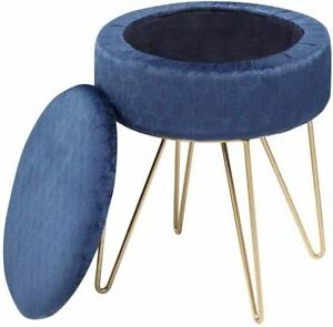 Retro Dark Blue Velvet Storage Ottoman Footrest Vanity Stool Seat With For Dark Blue And Navy Cotton Pouf Ottomans (View 3 of 20)