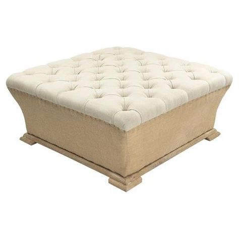 Riley French Country Square Linen Burlap Tufted Ottoman | Ottoman In Black Jute Pouf Ottomans (View 6 of 20)