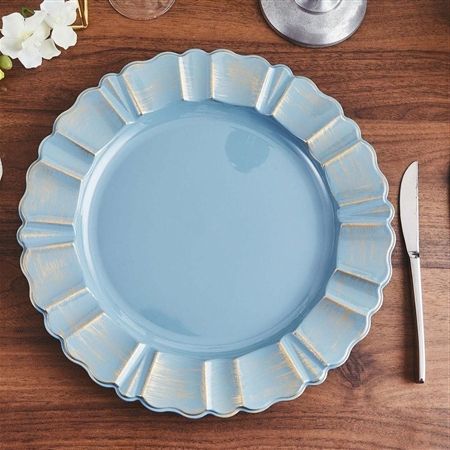 Round Dusty Blue/gold Plastic Charger Plates| Wholesale Supplies For Blue And Gold Round Side Stools (View 18 of 20)
