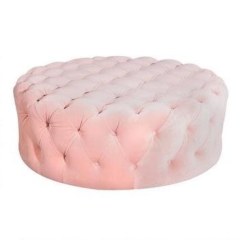 Round Fuchsia Lucille Ottoman For Cream Velvet Brushed Geometric Pattern Ottomans (View 9 of 20)