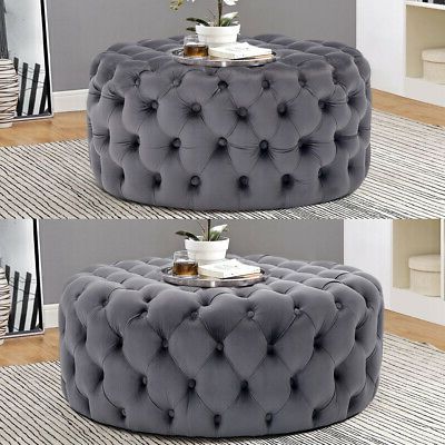 Round Grey Extra Chesterfield Ottoman Coffee Table Pouffe Seat In Gray Fabric Oval Ottomans (View 18 of 20)
