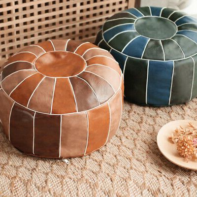 Round Moroccan Leather Footstool Pouffe Pouf Handmade Diy Ottoman Home For Brown And Ivory Leather Hide Round Ottomans (View 7 of 20)