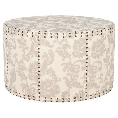 Round Ottoman With Nailhead Detailing And Acanthus Leaf Print Pertaining To Gray Fabric Round Modern Ottomans With Rope Trim (Gallery 19 of 20)