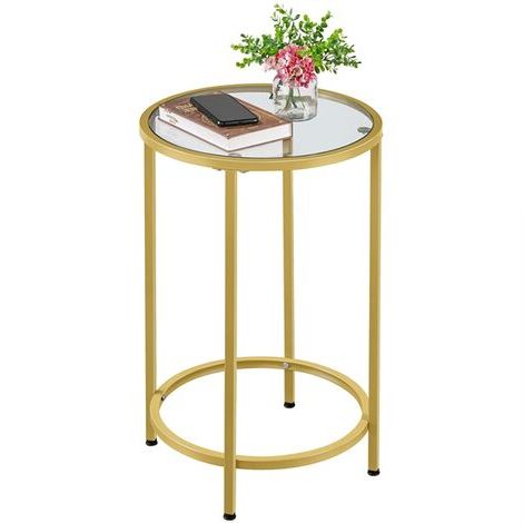 Round Side Table With Tempered Glass Top Accent Bedside Table End Table In Antique Gold Aluminum Console Tables (View 8 of 20)